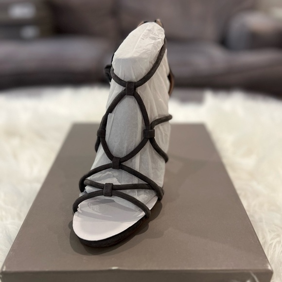 NWT. Halston Heritage Brielle Grey Kid Suede Caged Ankle Tie Stilleto Sandal. - Picture 6 of 8